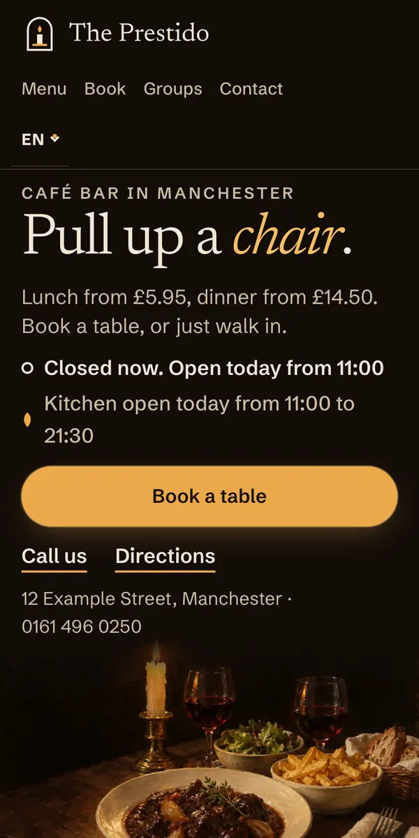 A phone showing an example website for a made-up café restaurant: menu, opening hours and a button to book a table.