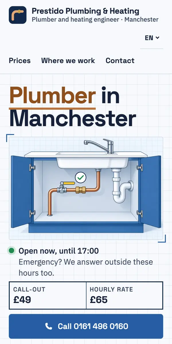 A phone showing an example website for a made-up plumber and heating engineer: rates, the area covered and a call button.