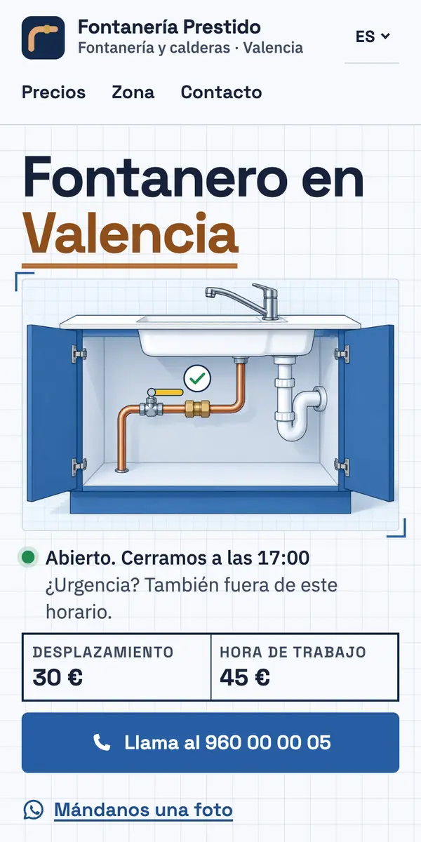 Un móvil con el ejemplo de un fontanero e instalador de calefacción: tarifas, zona de trabajo y un botón para llamar.