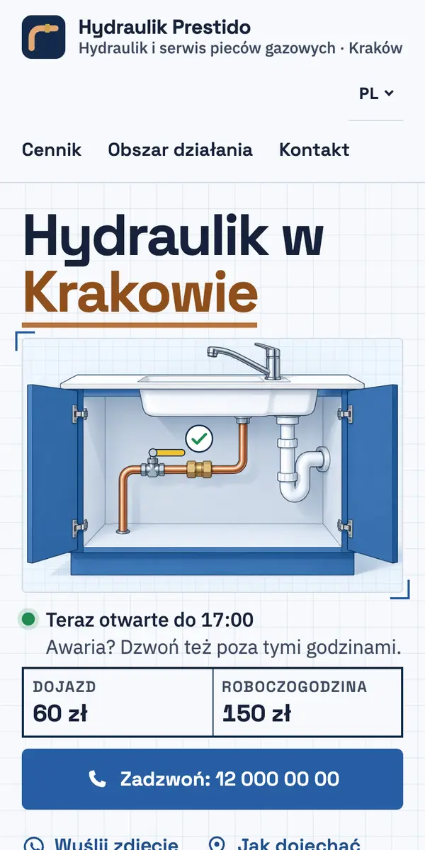 Telefon z przykładową stroną wymyślonej firmy hydrauliczno-grzewczej: stawki, rejon i przycisk telefonu.