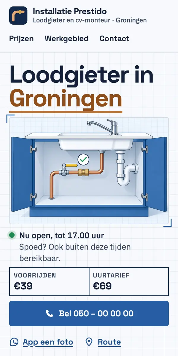 Telefoon met het voorbeeld van een loodgieter en cv-monteur: tarieven, werkgebied en een knop om te bellen.