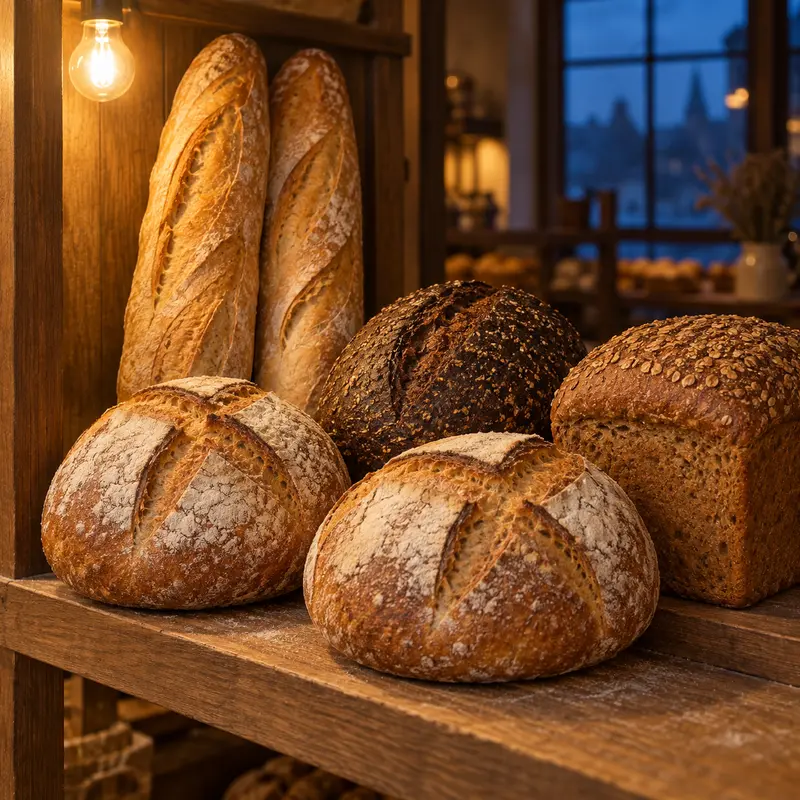 Wooden board with sourdough loaves, a rye loaf, a wholemeal loaf and two long loaves.