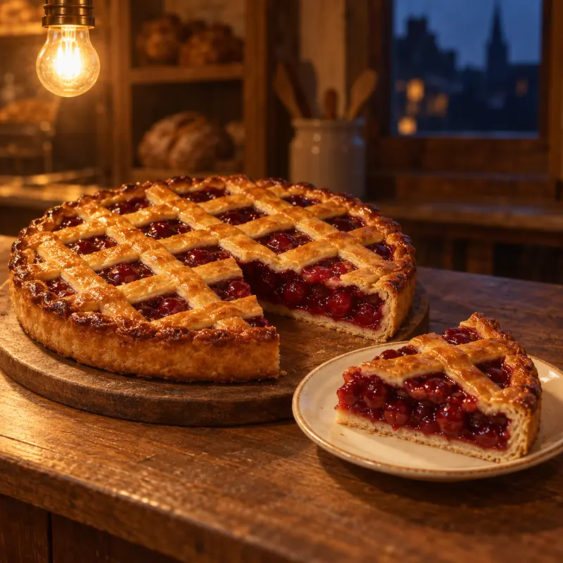 Cherry pie with a pastry lattice on a wooden board. One slice sits on a small plate.