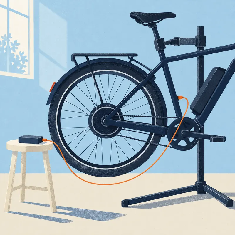 The back wheel of an e-bike in the repair stand, with an orange cable running to a diagnostic tool on a stool