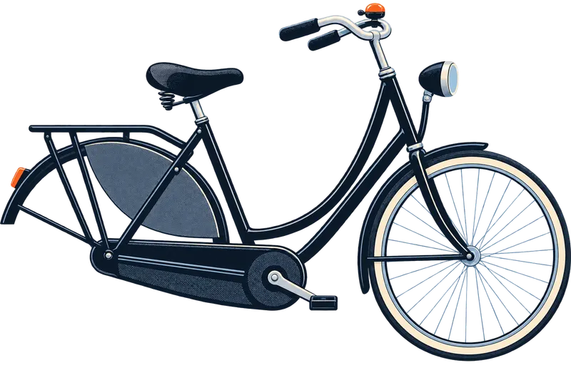 A black town bike hangs in the repair stand, with an orange patch on the back tyre