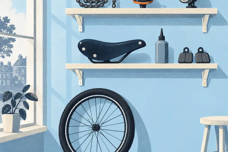 A shelf of bike parts: chain, orange bell, light, saddle, brake pads and a wheel