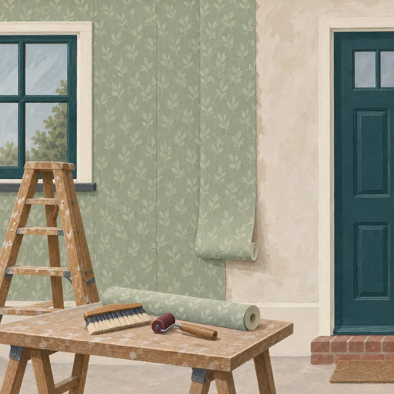 A wall half papered in soft green wallpaper with a fine leaf pattern. On the pasting table: a wide brush, a seam roller and a roll of paper.