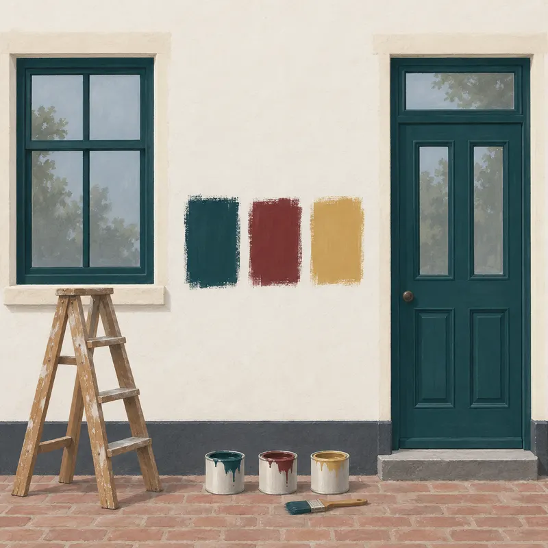 Three painted sample patches side by side on a wall: teal green, oxblood red and ochre yellow, with three tins of paint and a brush on the floor.